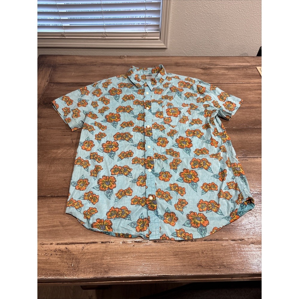 Hang Ten Shirt Mens Large Button Front Short Sleeve Linen‎ Blend Green Floral